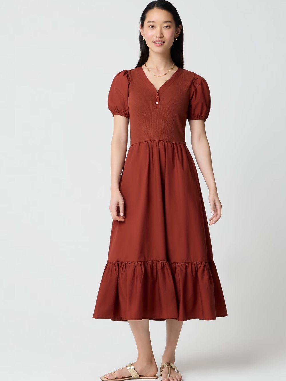 J Crew V-Neck Mixed-Media Dress Rust Burnt Cinnamon NWT Large
